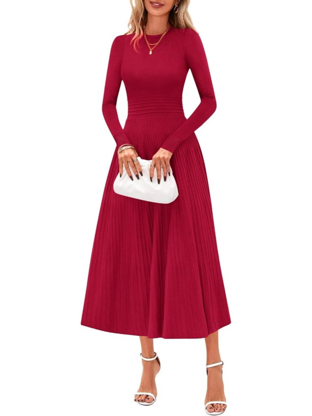 Women's Red Long Sleeve Knit Slim Fit A Line Sweater Wedding Guest Maxi Dress